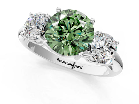 White gold Three-Stone Fancy Green Round Cut Cut Diamond Engagement Ring with Prong Setting on a White Gold Band_13