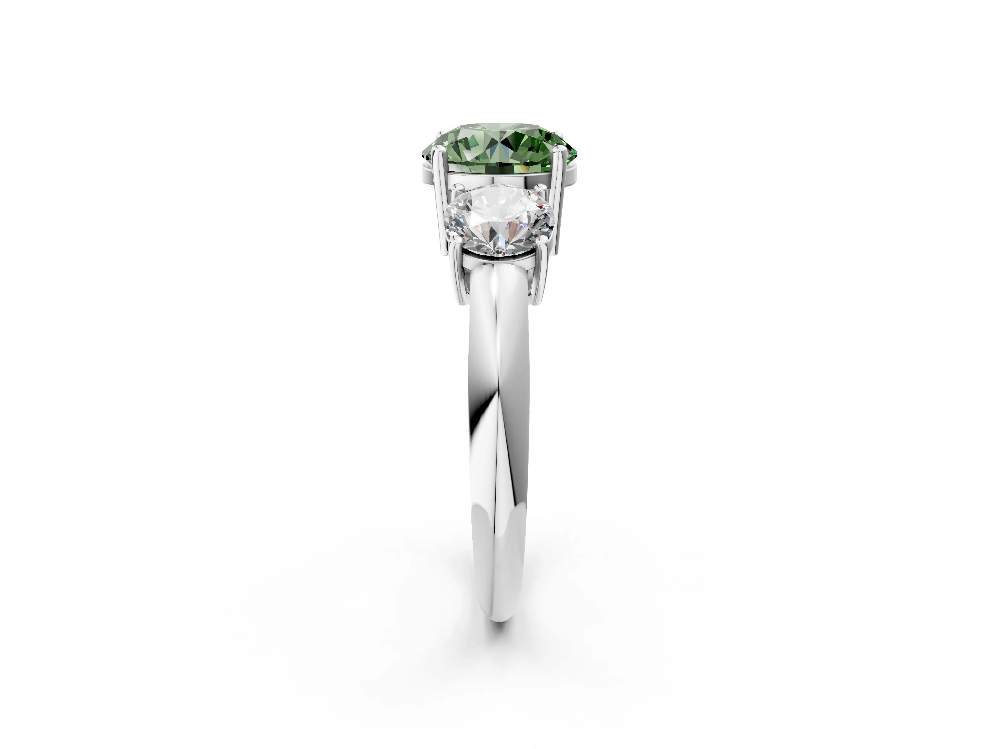 White gold Three-Stone Fancy Green Round Cut Cut Diamond Engagement Ring with Prong Setting on a White Gold Band_14
