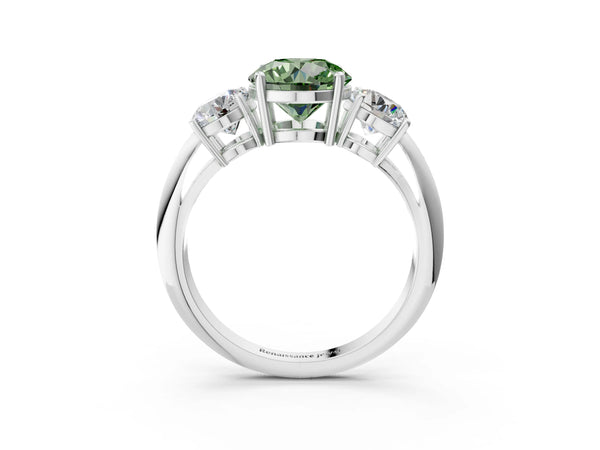 Platinum Three-Stone Fancy Green Round Cut Cut Diamond Engagement Ring with Prong Setting on a White Gold Band