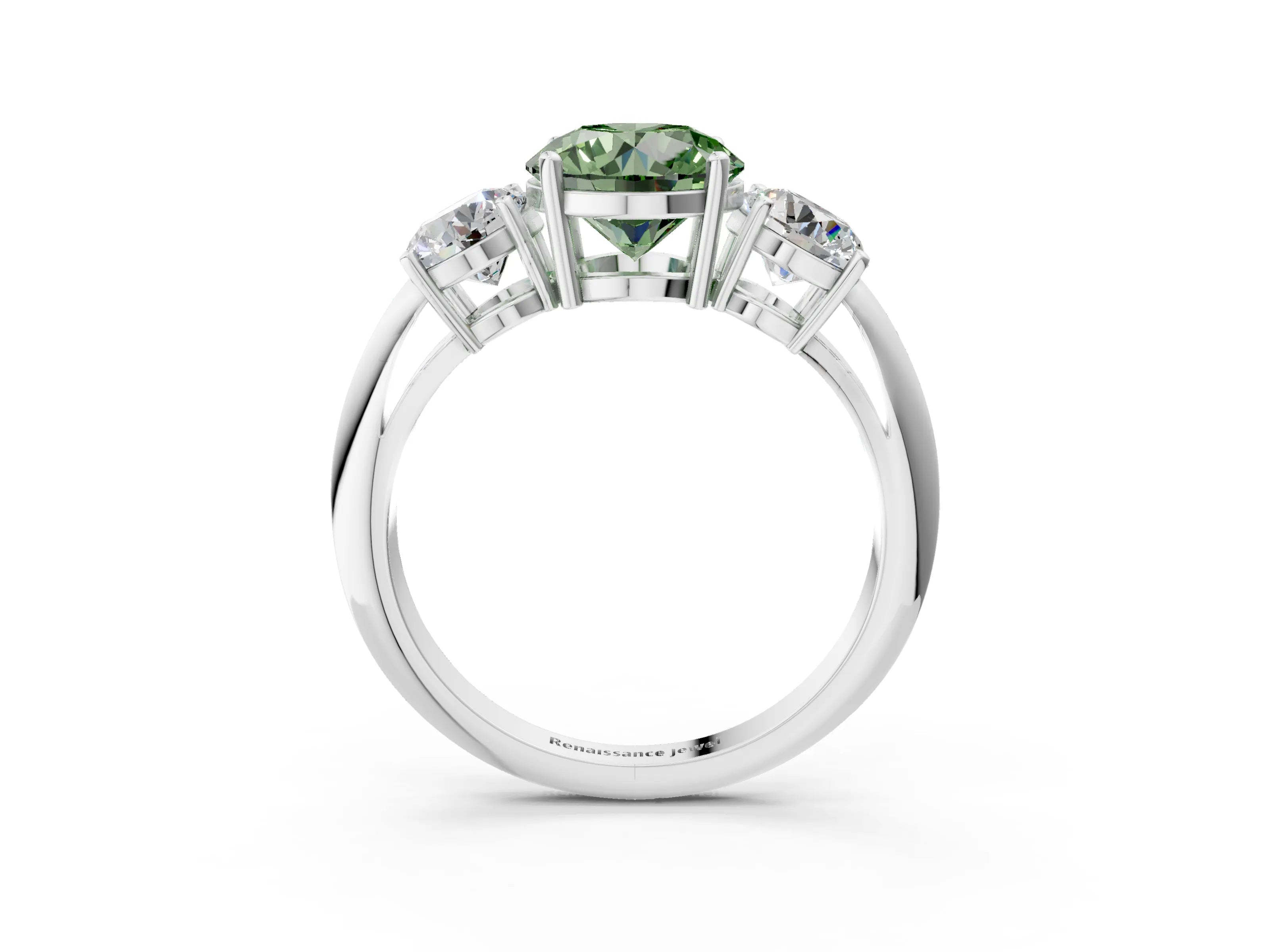 White gold Three-Stone Fancy Green Round Cut Cut Diamond Engagement Ring with Prong Setting on a White Gold Band_15