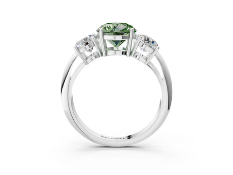 White gold Three-Stone Fancy Green Round Cut Cut Diamond Engagement Ring with Prong Setting on a White Gold Band_15