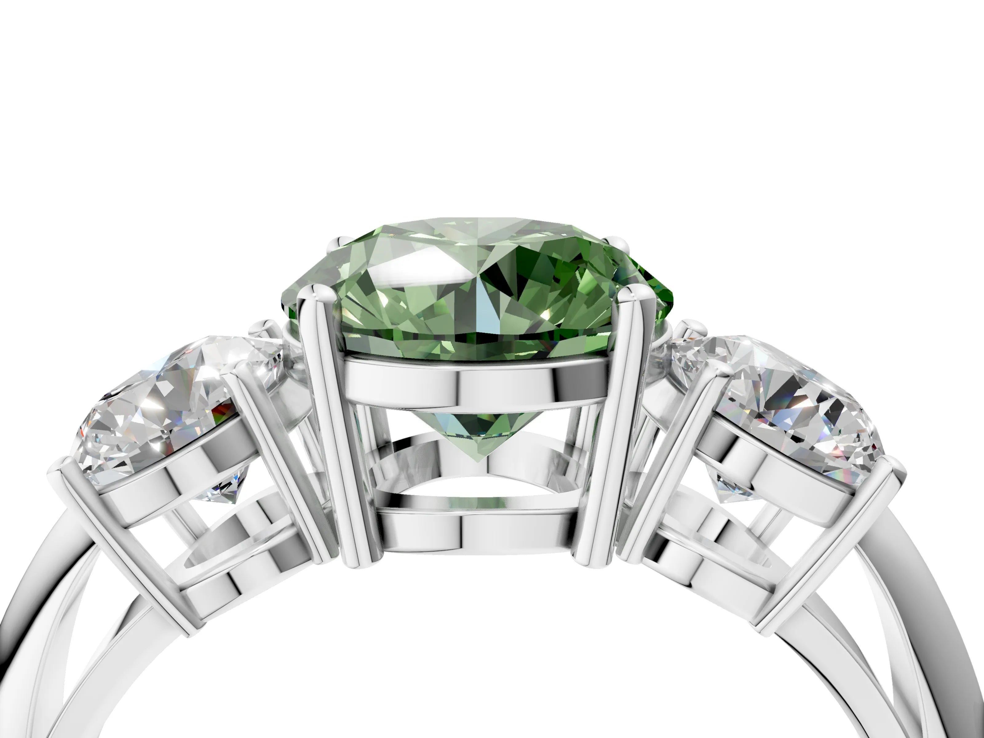 White gold Three-Stone Fancy Green Round Cut Cut Diamond Engagement Ring with Prong Setting on a White Gold Band_16