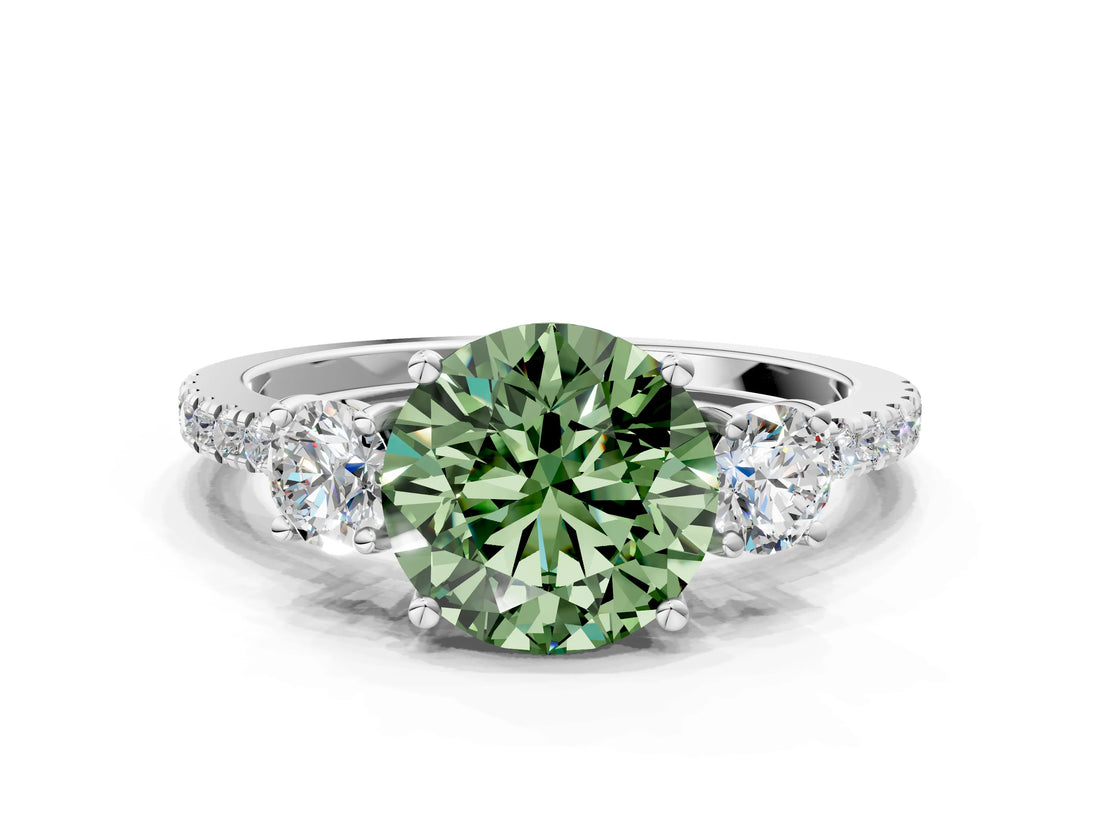 White gold Three-Stone Fancy Green Round Cut Cut Diamond Pavé Band with Prong Setting_51