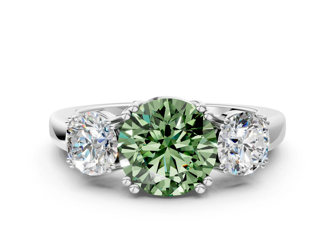White gold Three-Stone Fancy Green Round Cut Cut Diamond Ring with Channel Set Band and Four-Prong Setting_60