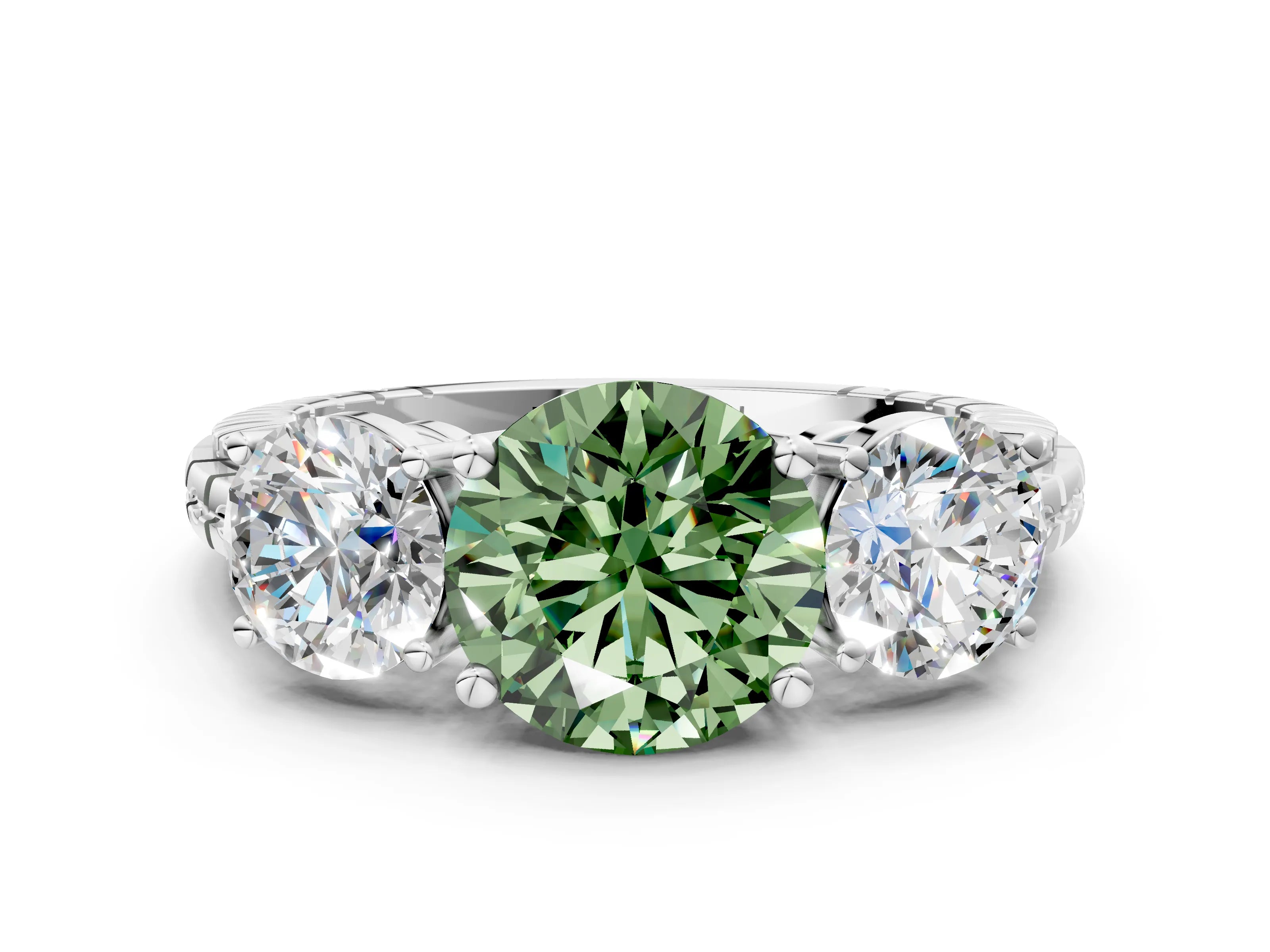 White gold Three-Stone Fancy Green Round Cut Cut Diamond Ring with Channel-Set Band and Prong Setting