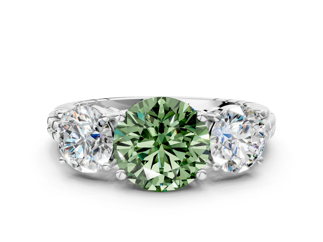 White gold Three-Stone Fancy Green Round Cut Cut Diamond Ring with Channel-Set Band and Prong Setting