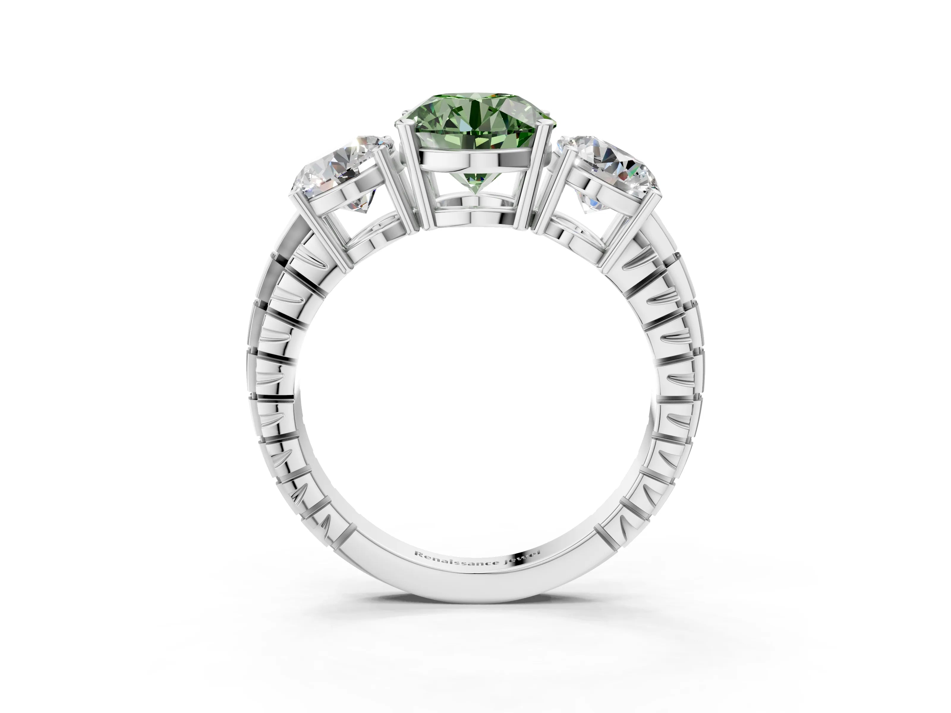 White gold Three-Stone Fancy Green Round Cut Cut Diamond Ring with Channel-Set Band and Prong Setting_3