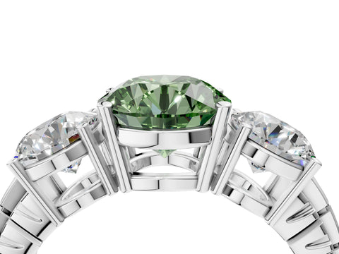 White gold Three-Stone Fancy Green Round Cut Cut Diamond Ring with Channel-Set Band and Prong Setting_4
