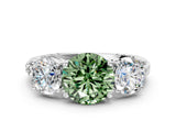 White gold Three-Stone Fancy Green Round Cut Cut Diamond Ring with Channel-Set Band and Prong Setting