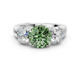 White gold Three-Stone Fancy Green Round Cut Cut Diamond Ring with Prong Setting and Classic Band
