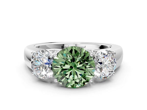 White gold Three-Stone Fancy Green Round Cut Cut Diamond Ring with Prong Setting and Classic Band