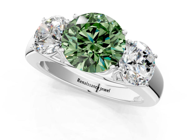 White gold Three-Stone Fancy Green Round Cut Cut Diamond Ring with Prong Setting and Classic Band