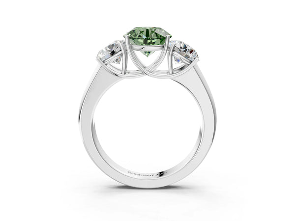 White gold Three-Stone Fancy Green Round Cut Cut Diamond Ring with Prong Setting and Classic Band