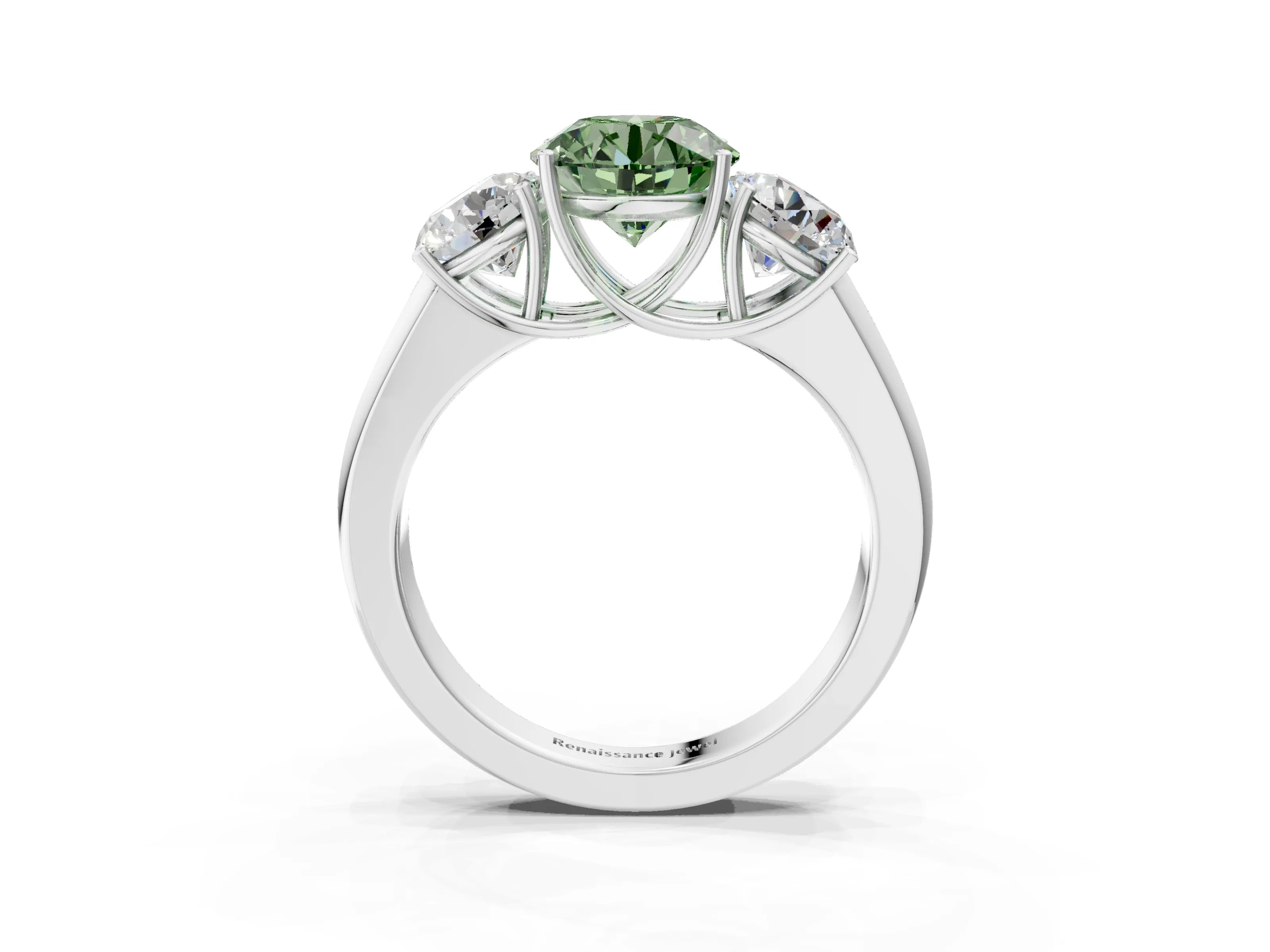 White gold Three-Stone Fancy Green Round Cut Cut Diamond Ring with Prong Setting and Classic Band_3