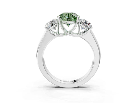 White gold Three-Stone Fancy Green Round Cut Cut Diamond Ring with Prong Setting and Classic Band_3