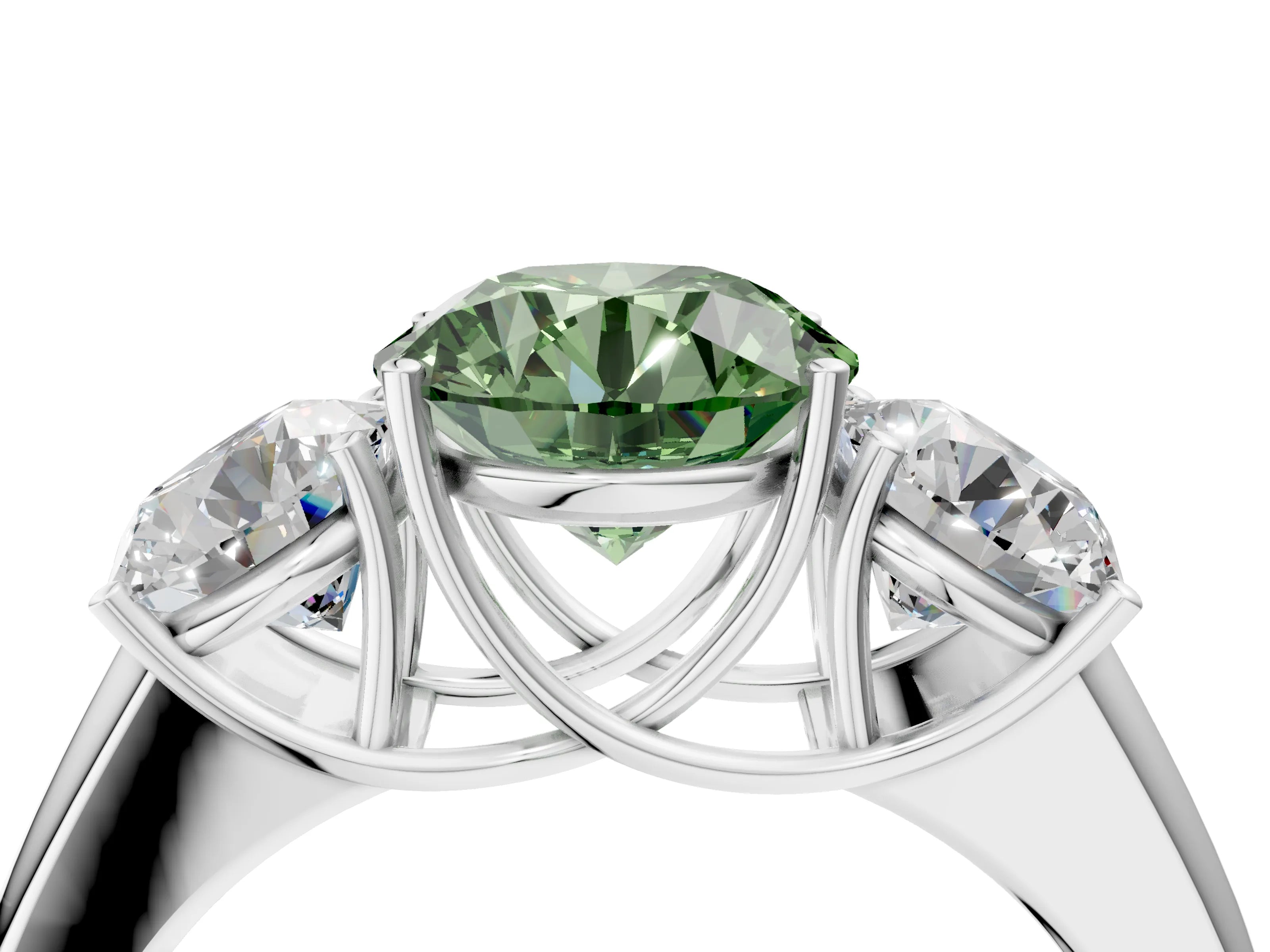 White gold Three-Stone Fancy Green Round Cut Cut Diamond Ring with Prong Setting and Classic Band_4