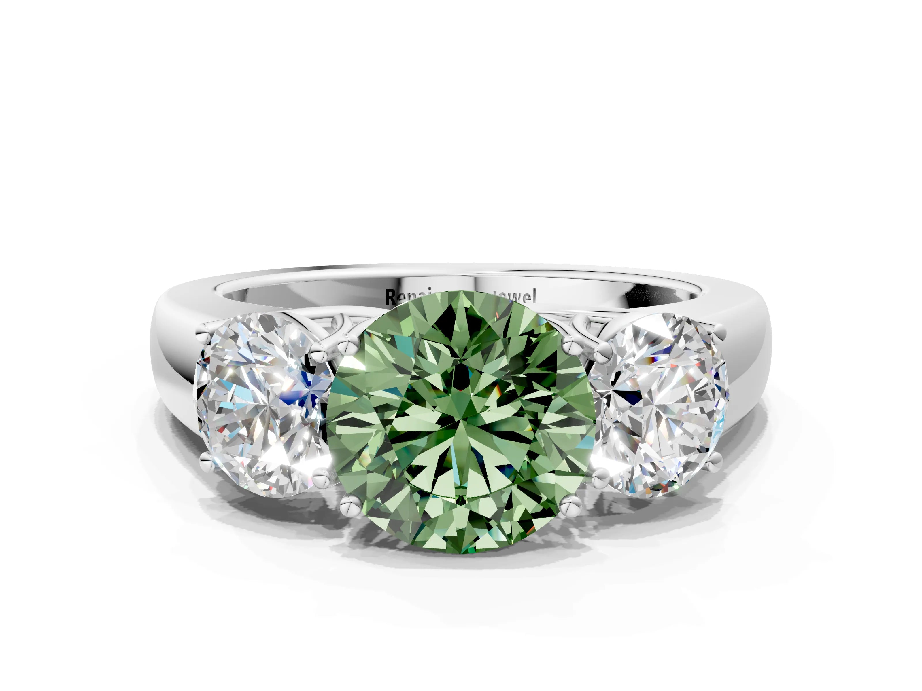 White gold Three-Stone Fancy Green Round Cut Cut Diamond Ring with Prong Setting and Classic Band