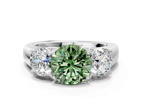 White gold Three-Stone Fancy Green Round Cut Cut Diamond Ring with Prong Setting and Classic Band