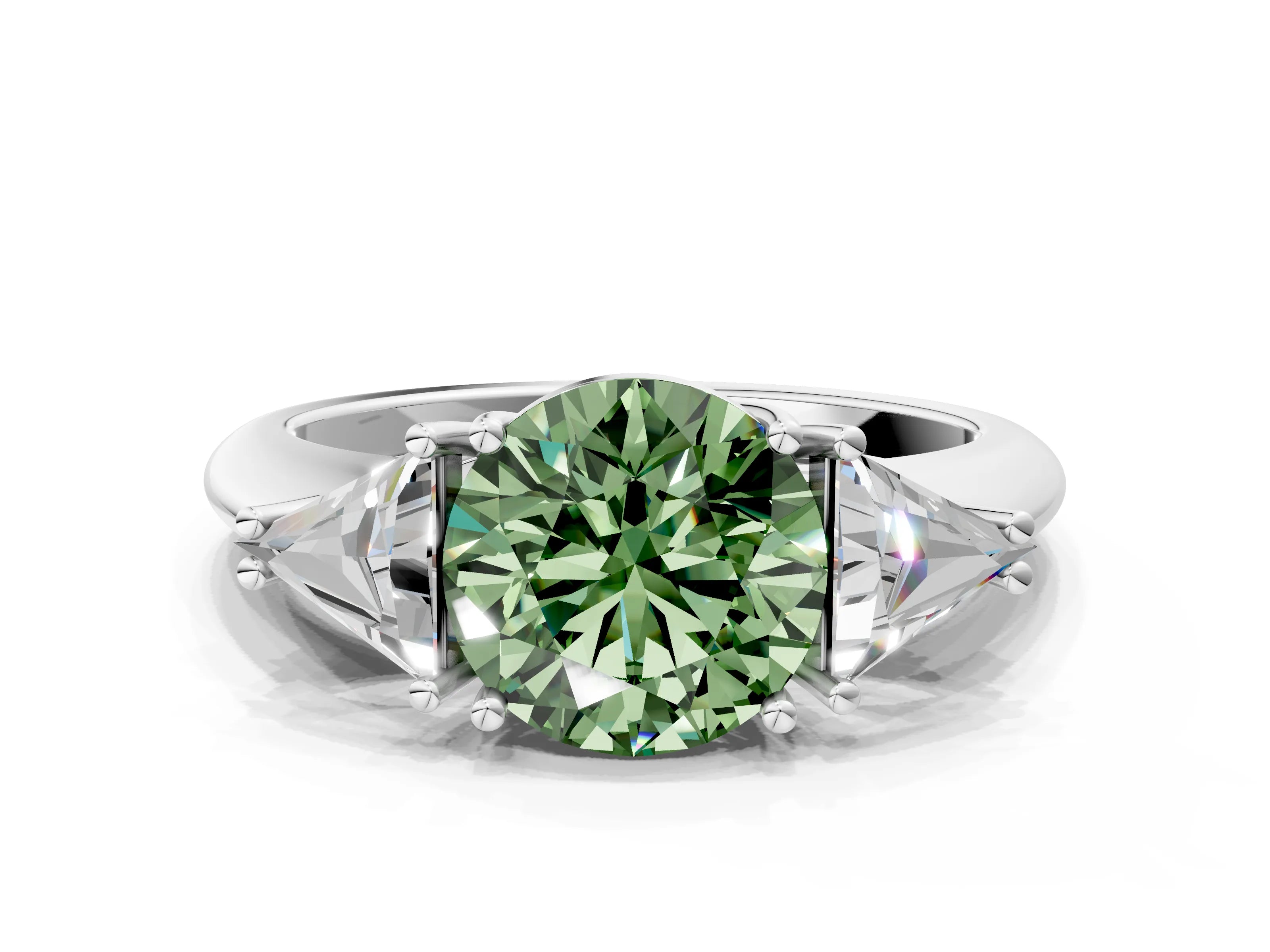 White gold Three-Stone Fancy Green Round Cut Cut Diamond Ring with Trillion Side Stones and Four-Prong Setting_11