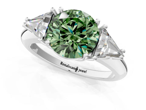 White gold Three-Stone Fancy Green Round Cut Cut Diamond Ring with Trillion Side Stones and Four-Prong Setting_12