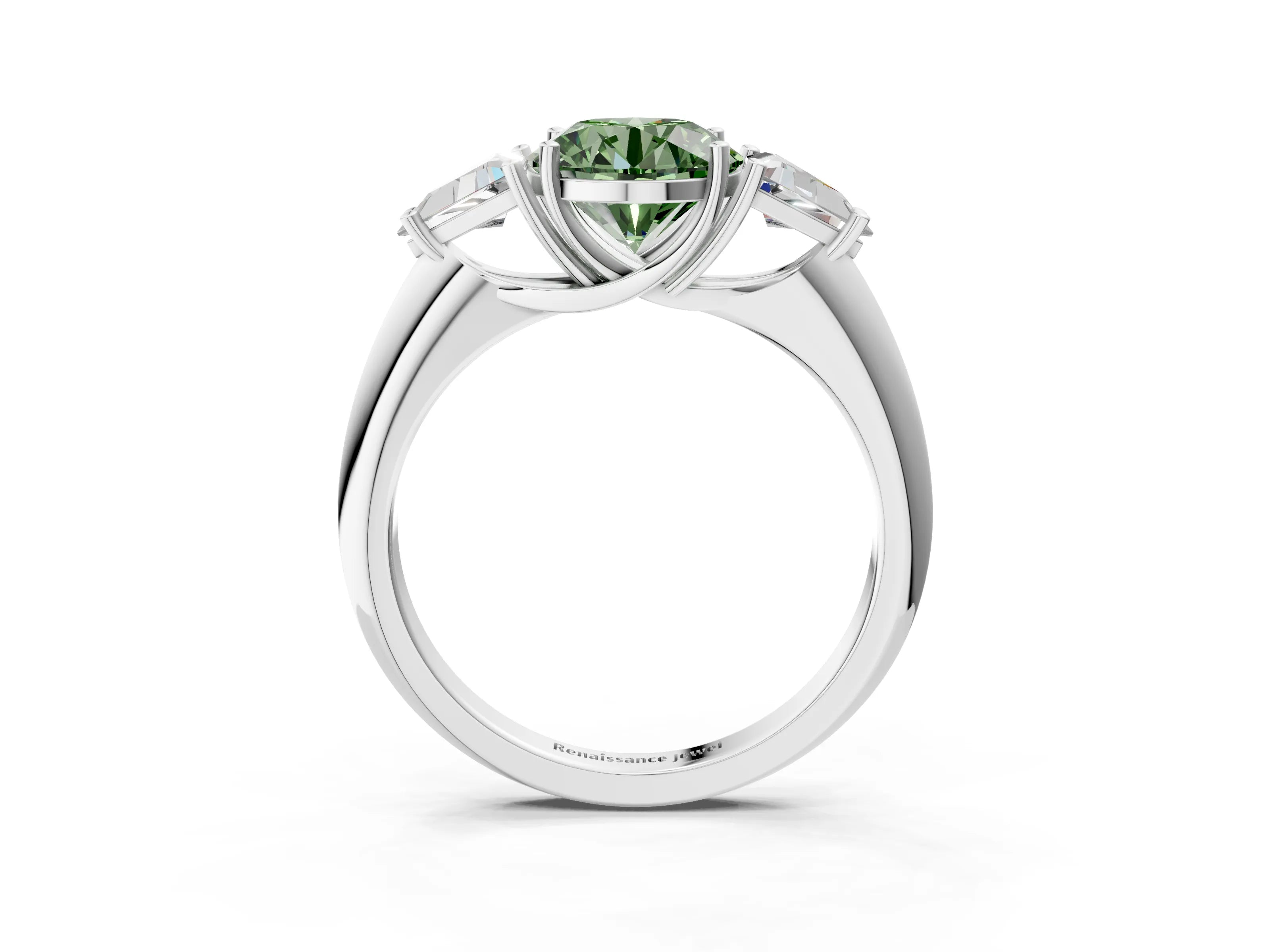 White gold Three-Stone Fancy Green Round Cut Cut Diamond Ring with Trillion Side Stones and Four-Prong Setting_14