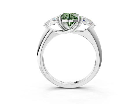 White gold Three-Stone Fancy Green Round Cut Cut Diamond Ring with Trillion Side Stones and Four-Prong Setting_14