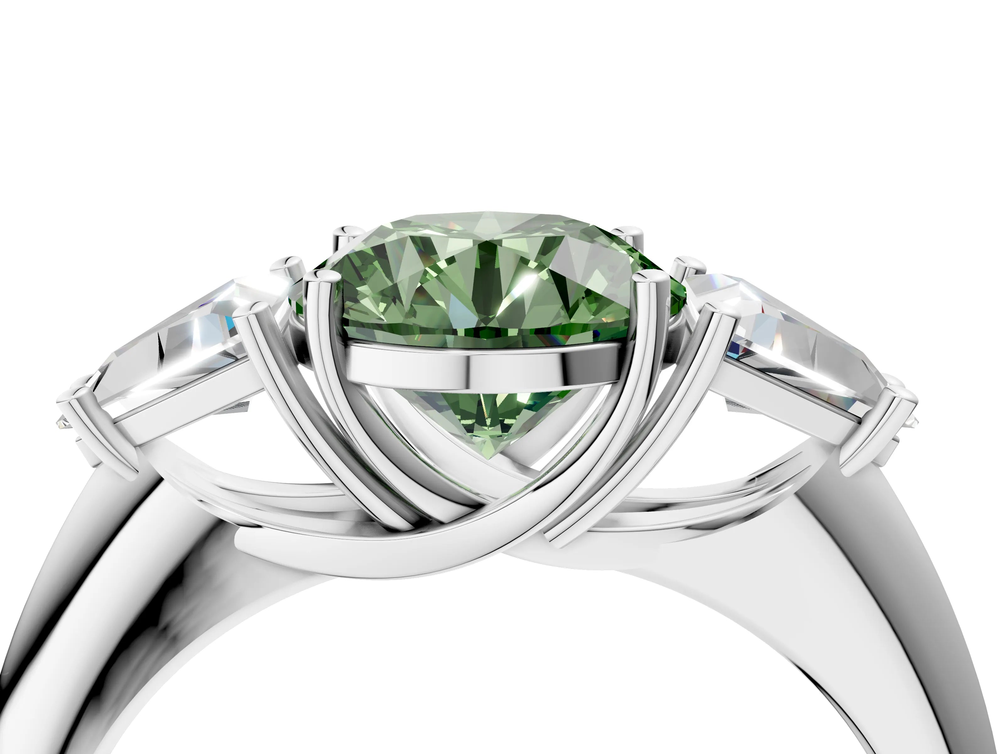 White gold Three-Stone Fancy Green Round Cut Cut Diamond Ring with Trillion Side Stones and Four-Prong Setting_15