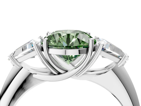 White gold Three-Stone Fancy Green Round Cut Cut Diamond Ring with Trillion Side Stones and Four-Prong Setting_15