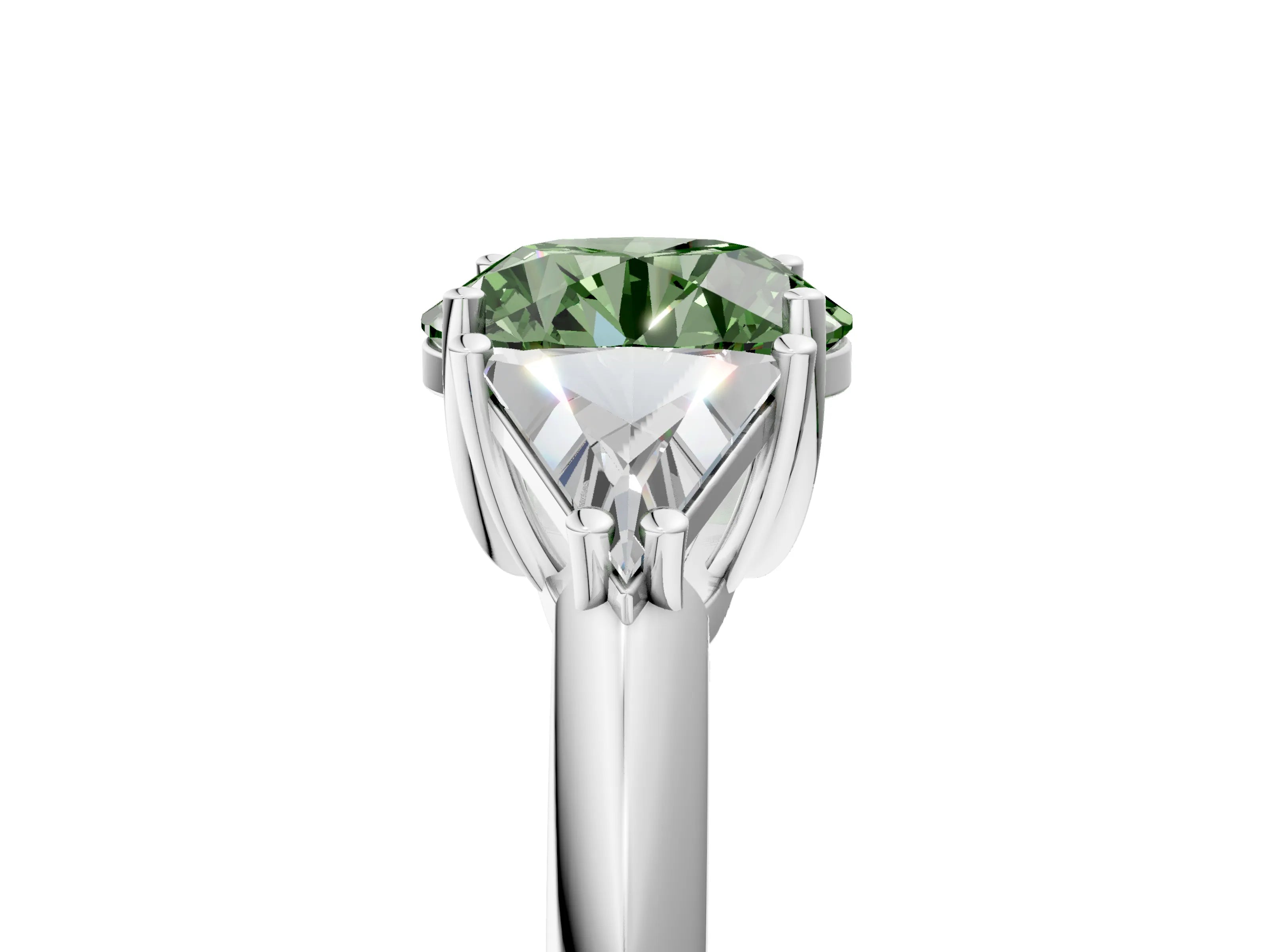 White gold Three-Stone Fancy Green Round Cut Cut Diamond Ring with Trillion Side Stones and Four-Prong Setting_16