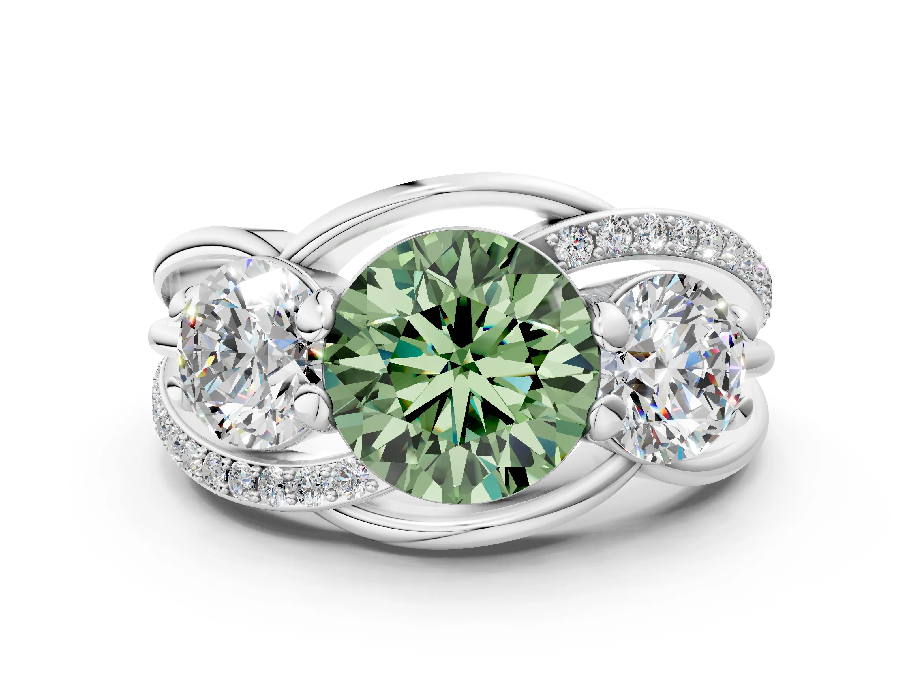 White gold Three-Stone Fancy Green Round Cut Cut Diamond Split Shank Prong Set Ring_12