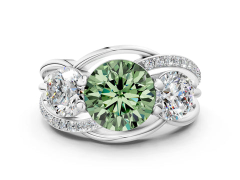 White gold Three-Stone Fancy Green Round Cut Cut Diamond Split Shank Prong Set Ring_12