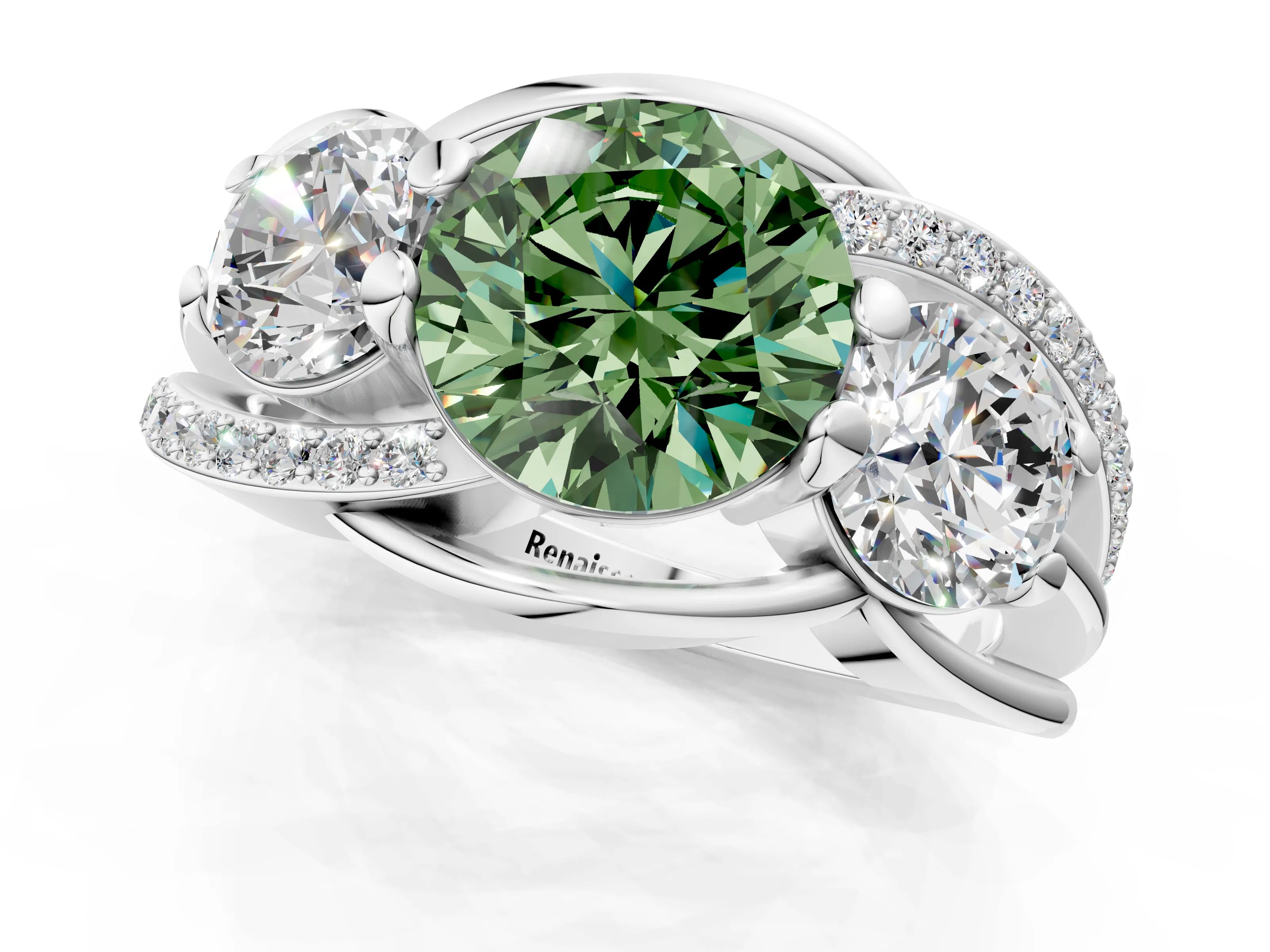 White gold Three-Stone Fancy Green Round Cut Cut Diamond Split Shank Prong Set Ring_13