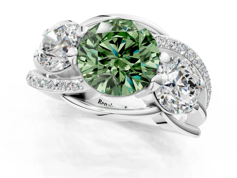 White gold Three-Stone Fancy Green Round Cut Cut Diamond Split Shank Prong Set Ring_13
