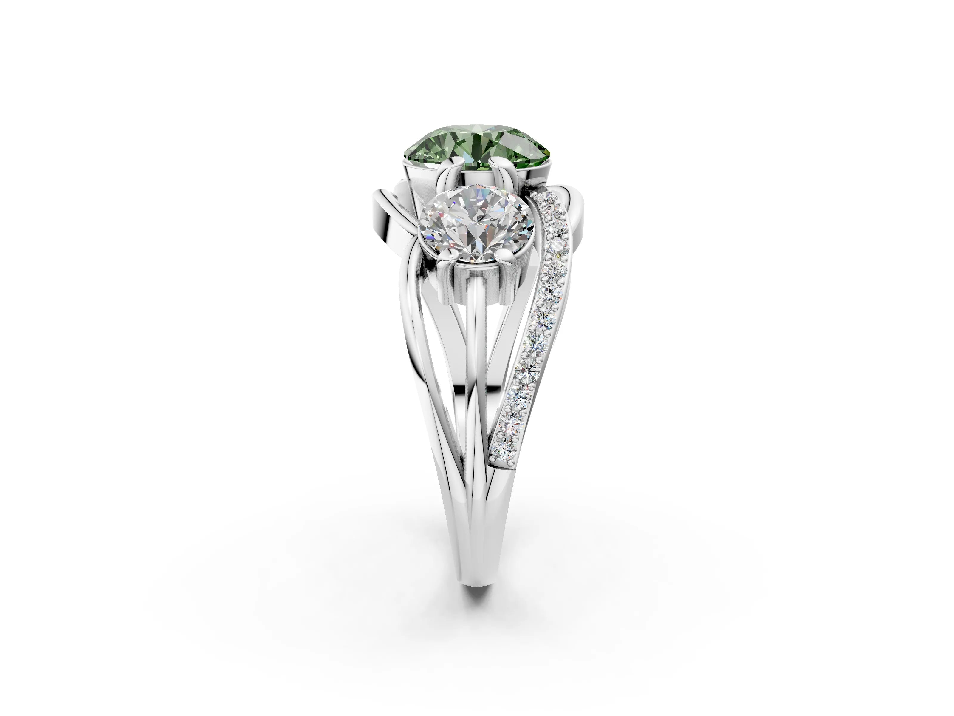 White gold Three-Stone Fancy Green Round Cut Cut Diamond Split Shank Prong Set Ring_14