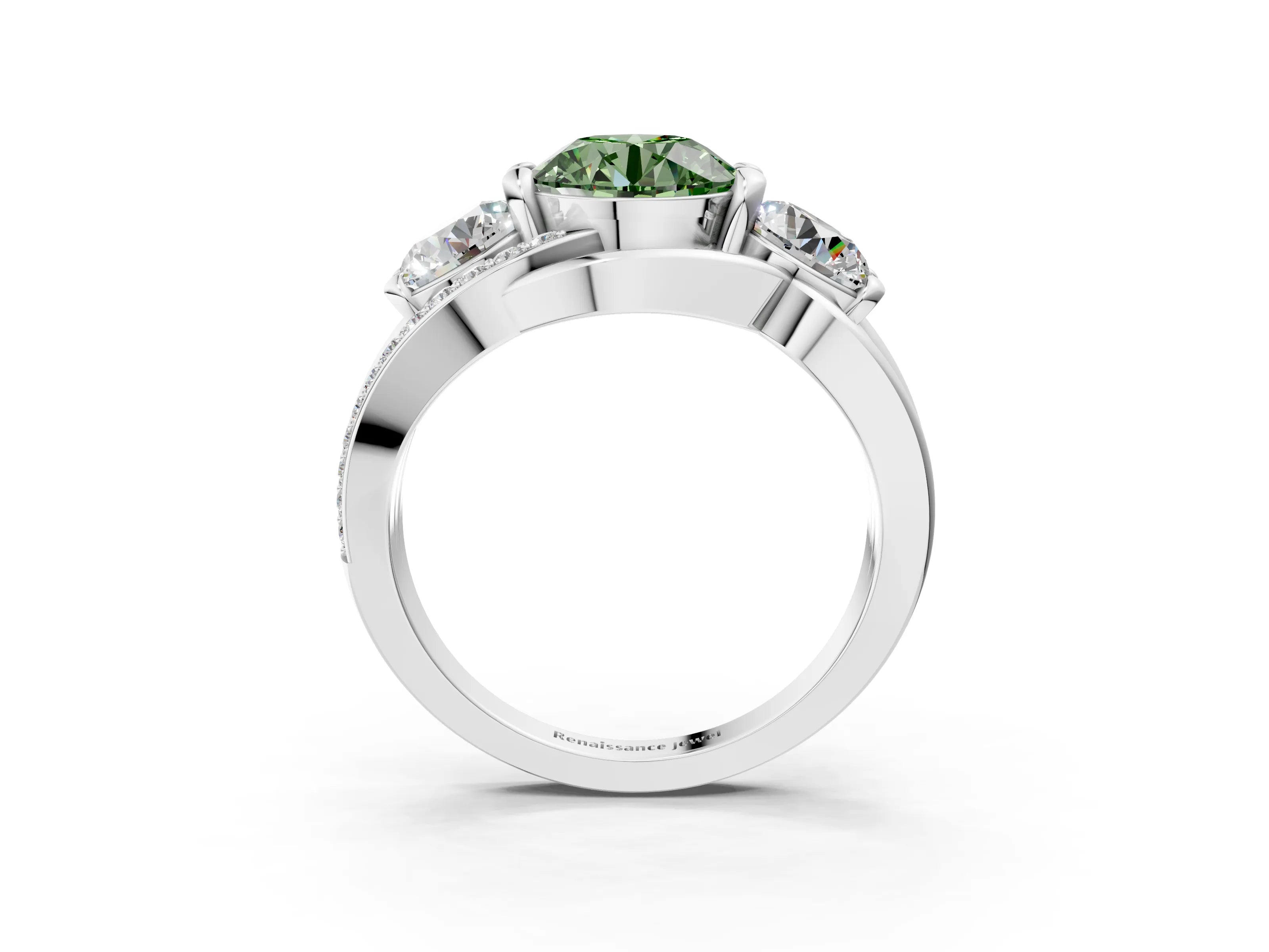 White gold Three-Stone Fancy Green Round Cut Cut Diamond Split Shank Prong Set Ring_15