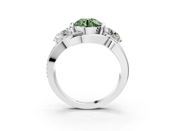 Sterling Silver Round Three Stone Split Shank Engagement Ring Setting for Fancy Green Center