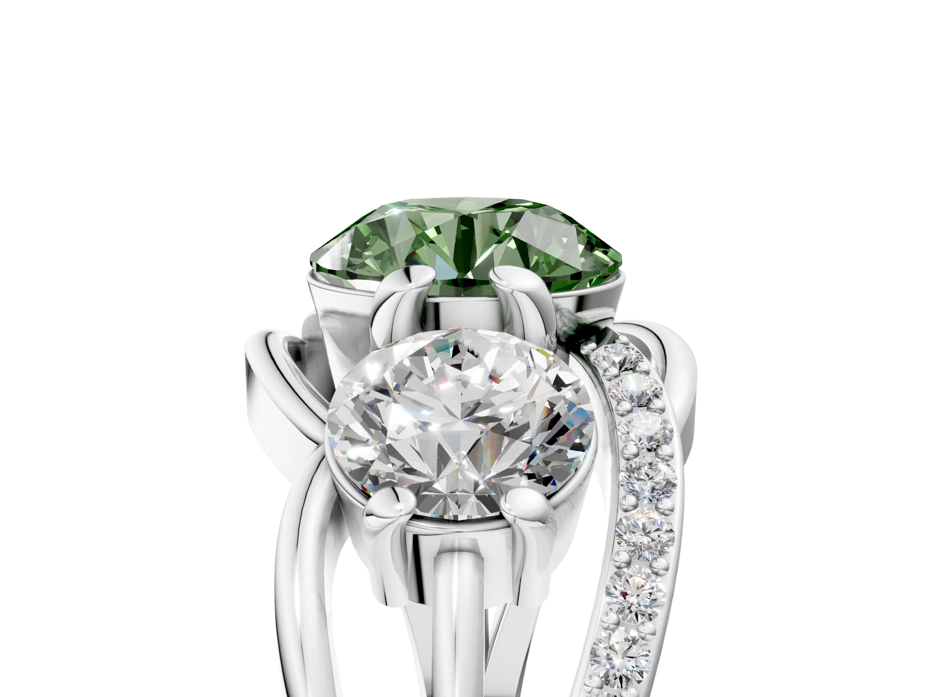 White gold Three-Stone Fancy Green Round Cut Cut Diamond Split Shank Prong Set Ring_17