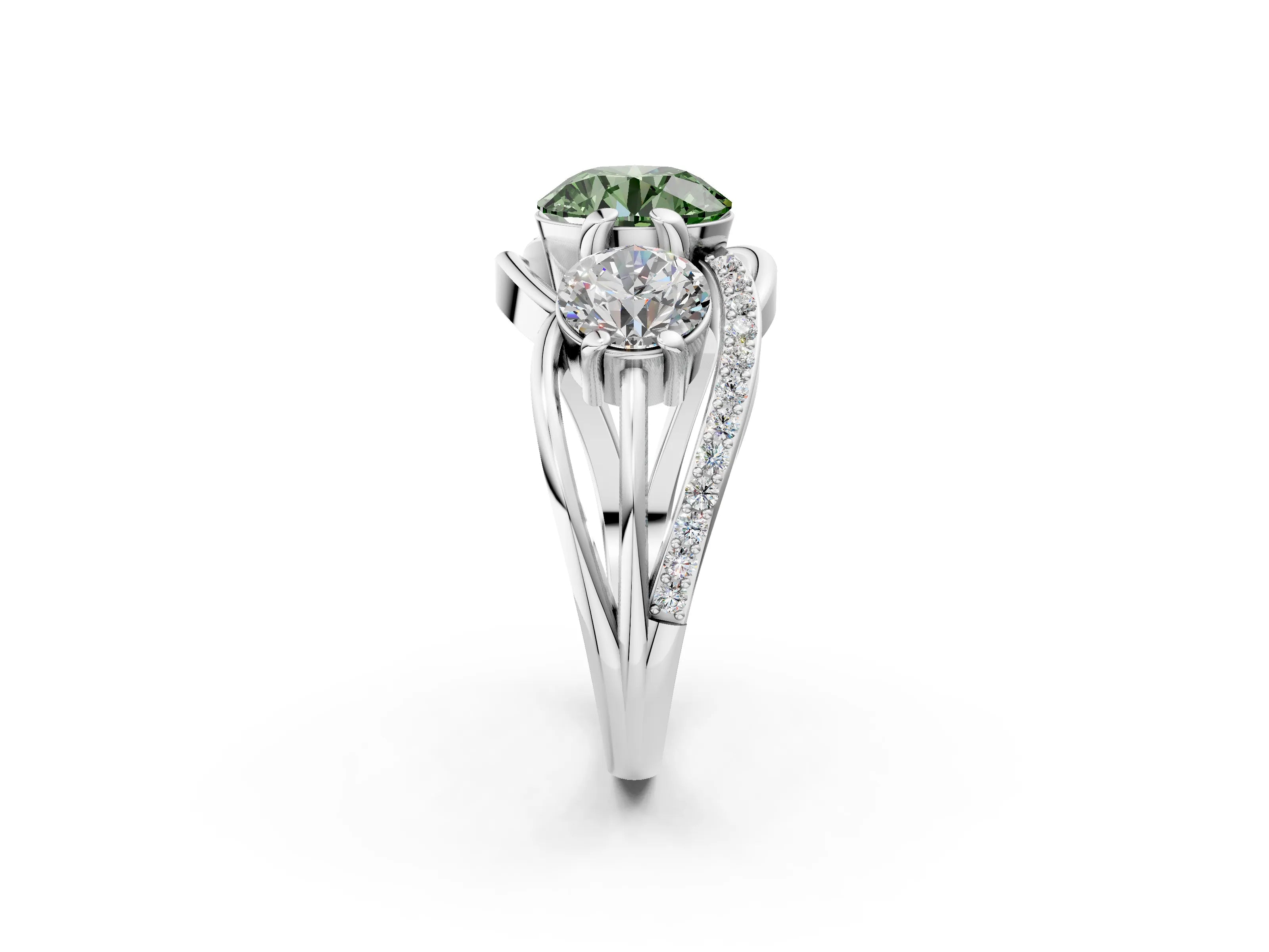 White gold Three-Stone Fancy Green Round Cut Cut Diamond Split Shank Prong Set Ring_2