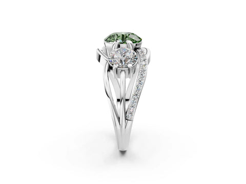 White gold Three-Stone Fancy Green Round Cut Cut Diamond Split Shank Prong Set Ring_2