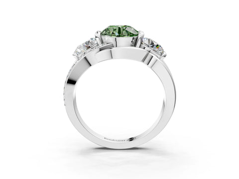 White gold Three-Stone Fancy Green Round Cut Cut Diamond Split Shank Prong Set Ring_3