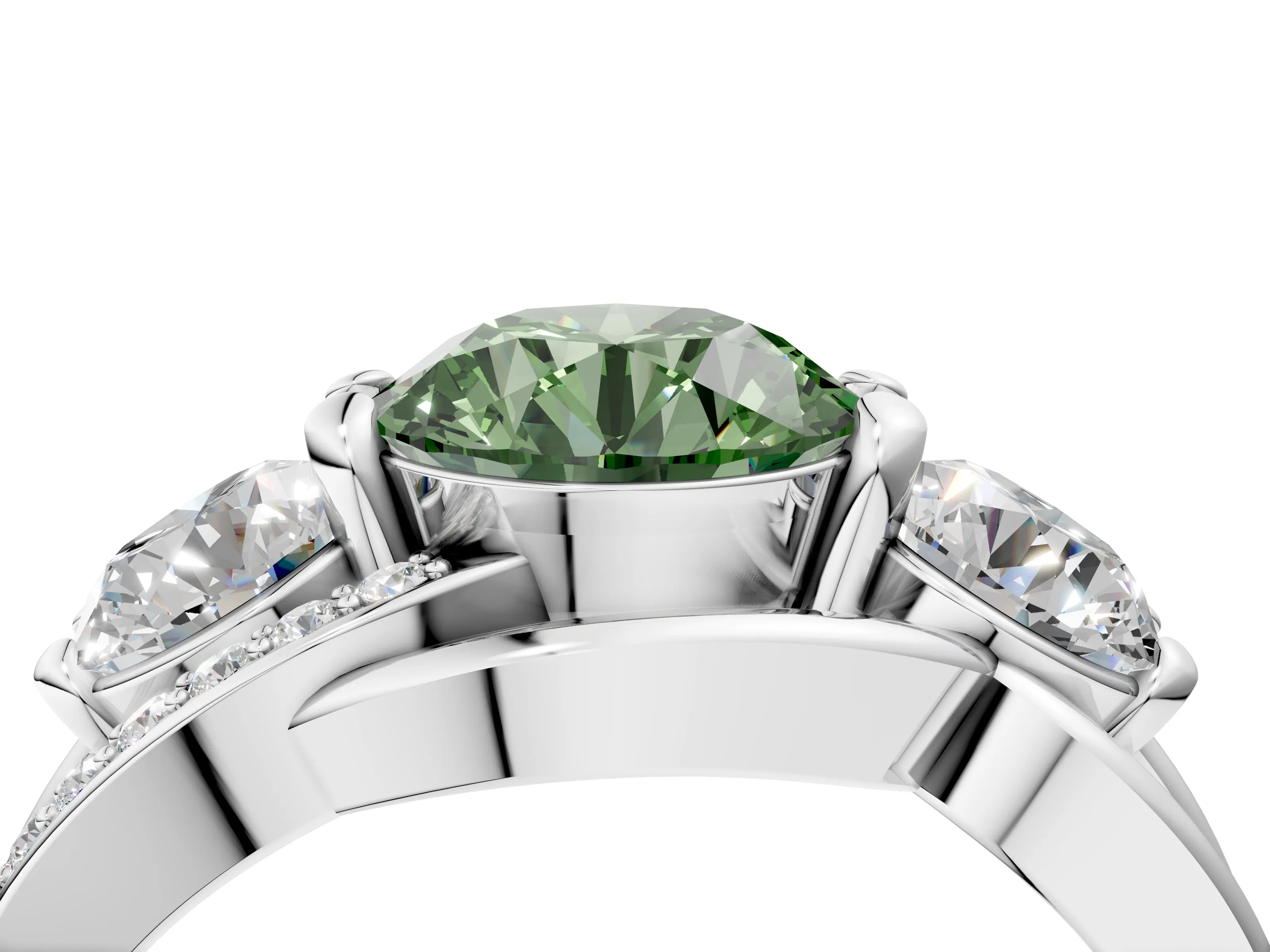 White gold Three-Stone Fancy Green Round Cut Cut Diamond Split Shank Prong Set Ring_4