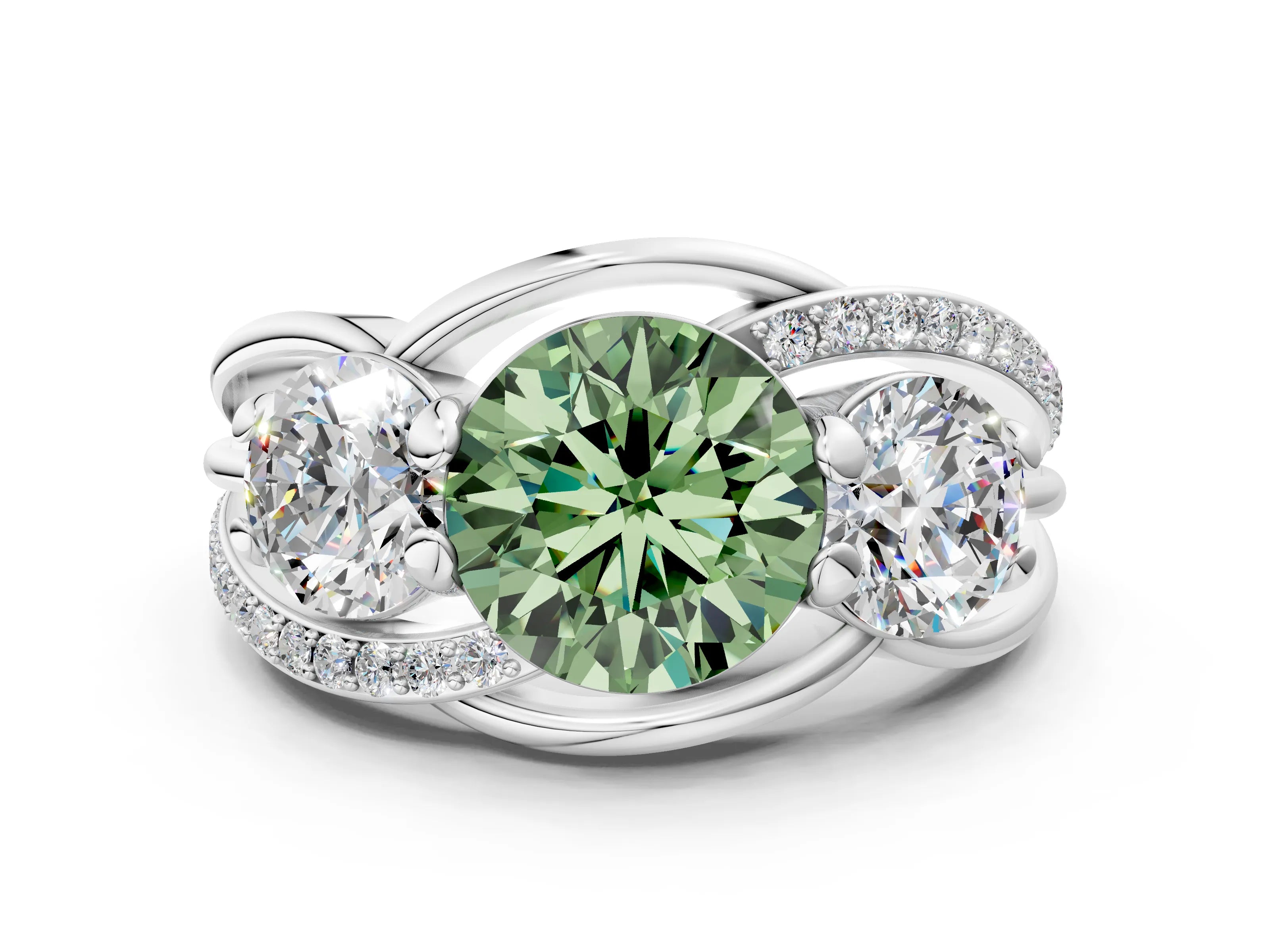 White gold Three-Stone Fancy Green Round Cut Cut Diamond Split Shank Prong Set Ring