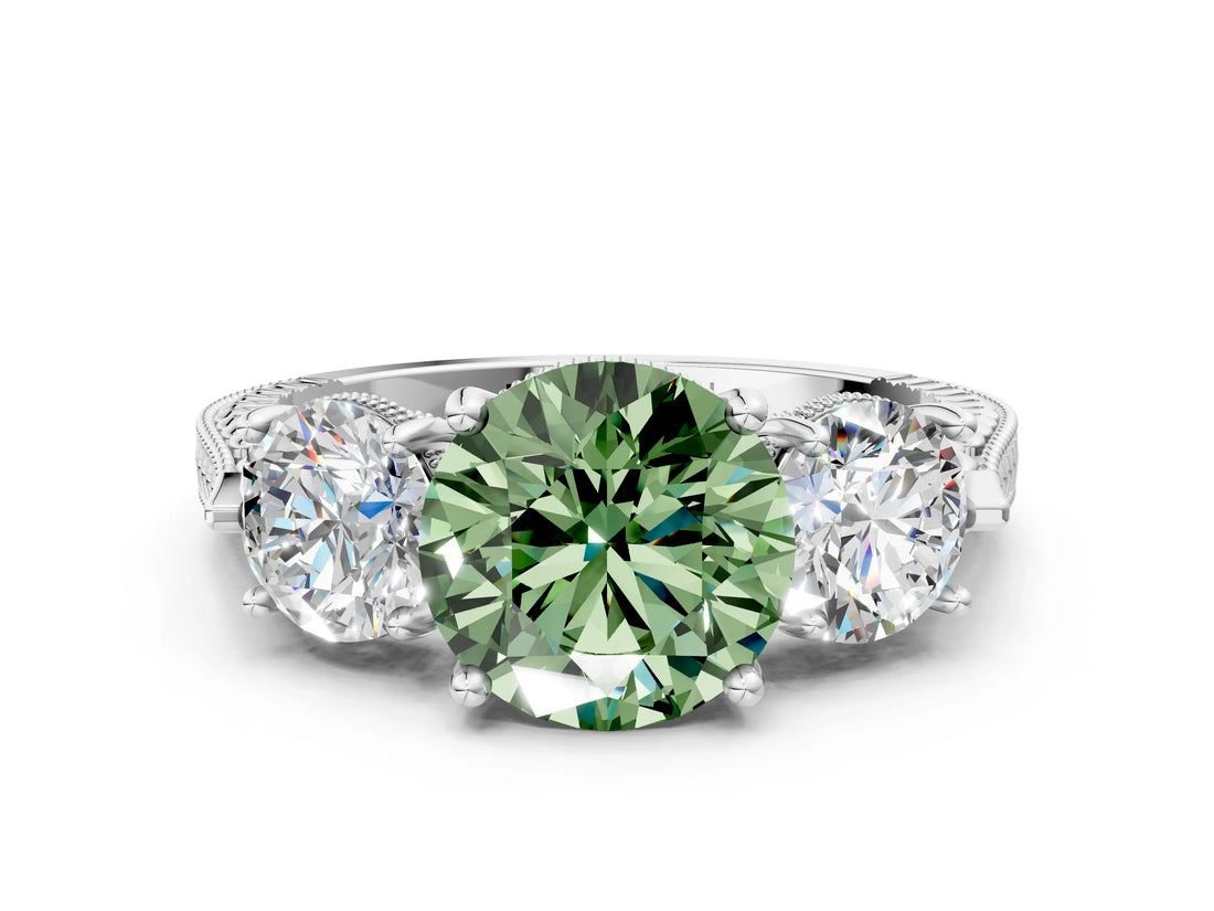 White gold Three-Stone Fancy Green Round Cut Cut Milgrain Band Prong Setting Ring