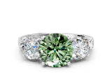 White gold Three-Stone Fancy Green Round Cut Cut Milgrain Band Prong Setting Ring