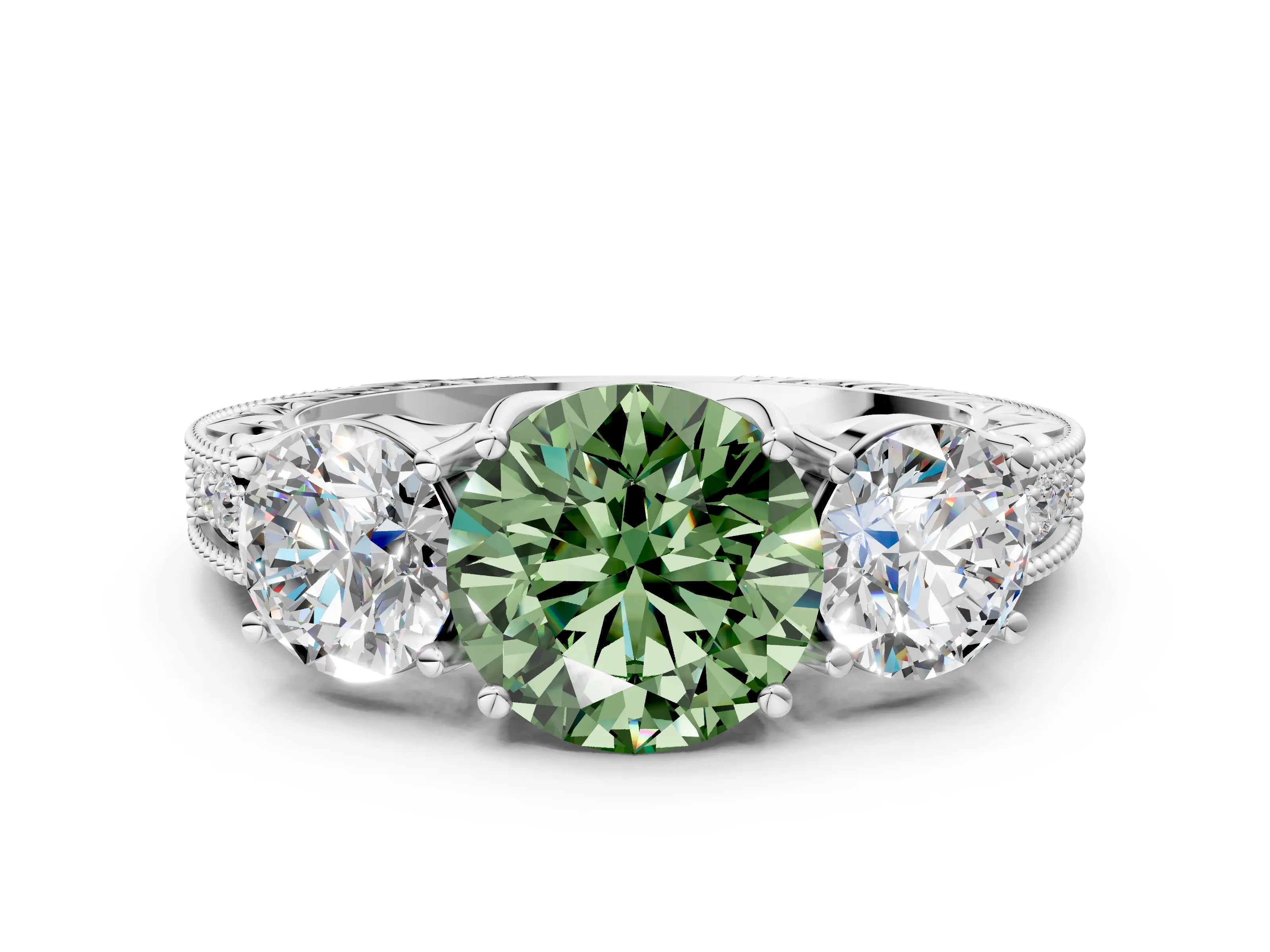 White gold Three-Stone Fancy Green Round Cut Cut Milgrain Pavé Engagement Ring_12