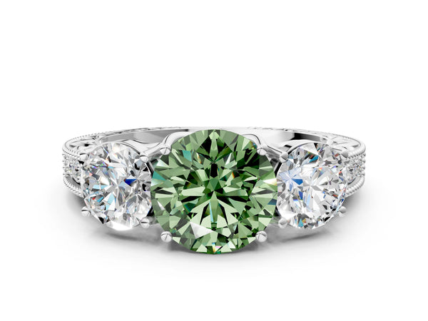 White gold Three-Stone Fancy Green Round Cut Cut Milgrain Pavé Engagement Ring