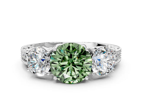 White gold Three-Stone Fancy Green Round Cut Cut Milgrain Pavé Engagement Ring_12