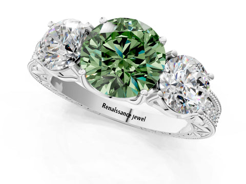 White gold Three-Stone Fancy Green Round Cut Cut Milgrain Pavé Engagement Ring_13