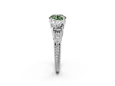 White gold Three-Stone Fancy Green Round Cut Cut Milgrain Pavé Engagement Ring_14