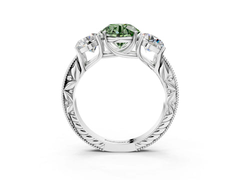 White gold Three-Stone Fancy Green Round Cut Cut Milgrain Pavé Engagement Ring_15
